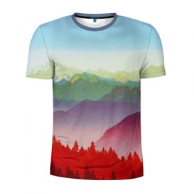 Мужская футболка 3D спортивная с принтом Радужный пейзаж в Курске, 100% полиэстер с улучшенными характеристиками | приталенный силуэт, круглая горловина, широкие плечи, сужается к линии бедра | Тематика изображения на принте: горы | деревья | дождь | лес | массив | небо | природа | рельеф | скалы | яркий