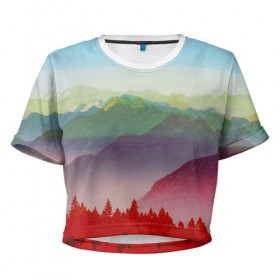 Женская футболка 3D укороченная с принтом Радужный пейзаж в Курске, 100% полиэстер | круглая горловина, длина футболки до линии талии, рукава с отворотами | горы | деревья | дождь | лес | массив | небо | природа | рельеф | скалы | яркий