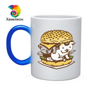 Кружка хамелеон с принтом Котбургер в Курске, керамика | меняет цвет при нагревании, емкость 330 мл | булка | бургер | гамбургер | детский | еда | животные | картинка | кот | коте | котенок | котята | кошка | милые | рисунок | смешные | сыр | чизбургер