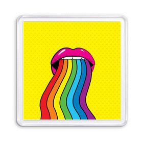 Магнит 55*55 с принтом Pop art в Курске, Пластик | Размер: 65*65 мм; Размер печати: 55*55 мм | fun | lip color | mouth | pop art | rainbow | reggae | spectrum | style | summer | teeth | yellow | веселье | губы | желтый | зубы | лето | поп арт | радуга | рот | спектр | стиль | цвет