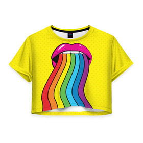 Женская футболка 3D укороченная с принтом Pop art в Курске, 100% полиэстер | круглая горловина, длина футболки до линии талии, рукава с отворотами | fun | lip color | mouth | pop art | rainbow | reggae | spectrum | style | summer | teeth | yellow | веселье | губы | желтый | зубы | лето | поп арт | радуга | рот | спектр | стиль | цвет