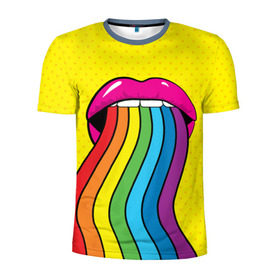 Мужская футболка 3D спортивная с принтом Pop art в Курске, 100% полиэстер с улучшенными характеристиками | приталенный силуэт, круглая горловина, широкие плечи, сужается к линии бедра | fun | lip color | mouth | pop art | rainbow | reggae | spectrum | style | summer | teeth | yellow | веселье | губы | желтый | зубы | лето | поп арт | радуга | рот | спектр | стиль | цвет