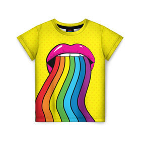 Детская футболка 3D с принтом Pop art в Курске, 100% гипоаллергенный полиэфир | прямой крой, круглый вырез горловины, длина до линии бедер, чуть спущенное плечо, ткань немного тянется | fun | lip color | mouth | pop art | rainbow | reggae | spectrum | style | summer | teeth | yellow | веселье | губы | желтый | зубы | лето | поп арт | радуга | рот | спектр | стиль | цвет