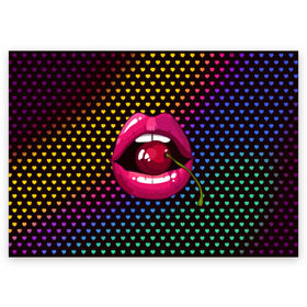 Поздравительная открытка с принтом Pop art в Курске, 100% бумага | плотность бумаги 280 г/м2, матовая, на обратной стороне линовка и место для марки
 | cherry | colorful | fashion | funny | gesture | lips | lipstick | makeup | mouth | pop art | rainbow | style | веселый | вишенка | вишня | губы | жест | зубы | клубный | любовь | макияж | мода | помада | поп арт | прикольный | радуга | рот | стиль | страс