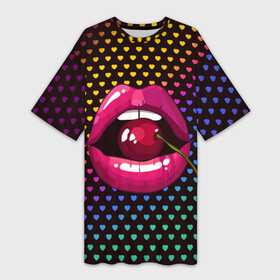 Платье-футболка 3D с принтом Pop art в Курске,  |  | cherry | colorful | fashion | funny | gesture | lips | lipstick | makeup | mouth | pop art | rainbow | style | веселый | вишенка | вишня | губы | жест | зубы | клубный | любовь | макияж | мода | помада | поп арт | прикольный | радуга | рот | стиль | страс