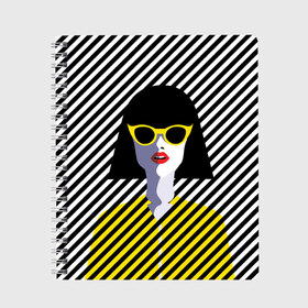 Тетрадь с принтом Pop art girl в Курске, 100% бумага | 48 листов, плотность листов — 60 г/м2, плотность картонной обложки — 250 г/м2. Листы скреплены сбоку удобной пружинной спиралью. Уголки страниц и обложки скругленные. Цвет линий — светло-серый
 | abstraction | bright | color | fashion | hair | lines | lips | pop art | rack | red | style | yellow | абстракция | губы | желтый | каре | красный | линии | мода | очки | поп арт | прическа | стиль | цвет | яркий