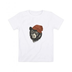 Детская футболка хлопок с принтом Медведь в шапке в Курске, 100% хлопок | круглый вырез горловины, полуприлегающий силуэт, длина до линии бедер | 