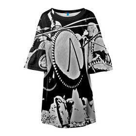 Детское платье 3D с принтом this is Sparta в Курске, 100% полиэстер | прямой силуэт, чуть расширенный к низу. Круглая горловина, на рукавах — воланы | Тематика изображения на принте: sparta | античность | войны | каска | копья | спарта | шлем | щиты