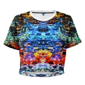 Женская футболка 3D укороченная с принтом Психоделика в Курске, 100% полиэстер | круглая горловина, длина футболки до линии талии, рукава с отворотами | глитч | глич | линии | полосы | разноцветный