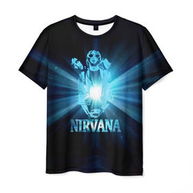 Мужская футболка 3D с принтом Группа Nirvana в Курске, 100% полиэфир | прямой крой, круглый вырез горловины, длина до линии бедер | kurt cobain | nirvana | вечная память | гитара | гранж | кумир | курт кобейн | лучи | микрофон | музыкант | надпись | нирвана | певец | рок | свет