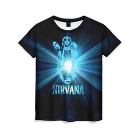Женская футболка 3D с принтом Группа Nirvana в Курске, 100% полиэфир ( синтетическое хлопкоподобное полотно) | прямой крой, круглый вырез горловины, длина до линии бедер | kurt cobain | nirvana | вечная память | гитара | гранж | кумир | курт кобейн | лучи | микрофон | музыкант | надпись | нирвана | певец | рок | свет