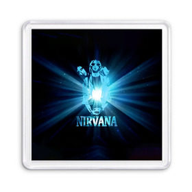 Магнит 55*55 с принтом Группа Nirvana в Курске, Пластик | Размер: 65*65 мм; Размер печати: 55*55 мм | Тематика изображения на принте: kurt cobain | nirvana | вечная память | гитара | гранж | кумир | курт кобейн | лучи | микрофон | музыкант | надпись | нирвана | певец | рок | свет