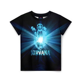 Детская футболка 3D с принтом Группа Nirvana в Курске, 100% гипоаллергенный полиэфир | прямой крой, круглый вырез горловины, длина до линии бедер, чуть спущенное плечо, ткань немного тянется | kurt cobain | nirvana | вечная память | гитара | гранж | кумир | курт кобейн | лучи | микрофон | музыкант | надпись | нирвана | певец | рок | свет