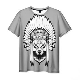 Мужская футболка 3D с принтом Волк - индеец в Курске, 100% полиэфир | прямой крой, круглый вырез горловины, длина до линии бедер | арт | минимализм | мода | стиль