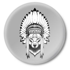 Значок с принтом Волк - индеец в Курске,  металл | круглая форма, металлическая застежка в виде булавки | арт | минимализм | мода | стиль