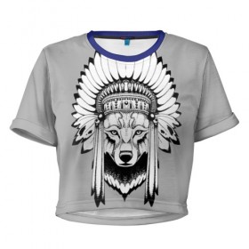 Женская футболка 3D укороченная с принтом Волк - индеец в Курске, 100% полиэстер | круглая горловина, длина футболки до линии талии, рукава с отворотами | арт | минимализм | мода | стиль