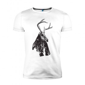 Мужская футболка премиум с принтом Адепт в Курске, 92% хлопок, 8% лайкра | приталенный силуэт, круглый вырез ворота, длина до линии бедра, короткий рукав | готический | животное | лес | мистика | мрачное | ночь | олень | рога | страшное | череп