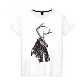 Женская футболка хлопок с принтом Адепт в Курске, 100% хлопок | прямой крой, круглый вырез горловины, длина до линии бедер, слегка спущенное плечо | готический | животное | лес | мистика | мрачное | ночь | олень | рога | страшное | череп