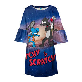 Детское платье 3D с принтом Itchy & Scratchy space в Курске, 100% полиэстер | прямой силуэт, чуть расширенный к низу. Круглая горловина, на рукавах — воланы | simpsons | the itchy  scratchy | симпсоны | щекотка и царапка