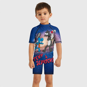 Детский купальный костюм 3D с принтом Itchy & Scratchy space в Курске, Полиэстер 85%, Спандекс 15% | застежка на молнии на спине | Тематика изображения на принте: simpsons | the itchy  scratchy | симпсоны | щекотка и царапка