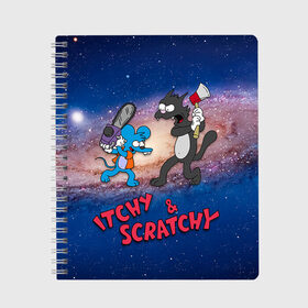 Тетрадь с принтом Itchy & Scratchy space в Курске, 100% бумага | 48 листов, плотность листов — 60 г/м2, плотность картонной обложки — 250 г/м2. Листы скреплены сбоку удобной пружинной спиралью. Уголки страниц и обложки скругленные. Цвет линий — светло-серый
 | simpsons | the itchy  scratchy | симпсоны | щекотка и царапка