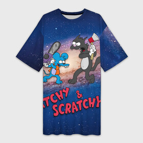 Платье-футболка 3D с принтом Itchy  Scratchy space в Курске,  |  | simpsons | the itchy  scratchy | симпсоны | щекотка и царапка