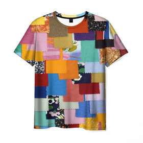 Мужская футболка 3D с принтом Цветные лоскуты в Курске, 100% полиэфир | прямой крой, круглый вырез горловины, длина до линии бедер | color | spray | капли красок | лоскуты | одежда | радуга | разноцветные | цветные