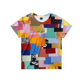 Детская футболка 3D с принтом Цветные лоскуты в Курске, 100% гипоаллергенный полиэфир | прямой крой, круглый вырез горловины, длина до линии бедер, чуть спущенное плечо, ткань немного тянется | color | spray | капли красок | лоскуты | одежда | радуга | разноцветные | цветные