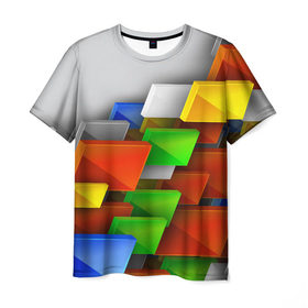 Мужская футболка 3D с принтом Абстрактные фигуры в Курске, 100% полиэфир | прямой крой, круглый вырез горловины, длина до линии бедер | грань | краски | кубик | кубики | линии | мозаика | разноцветные кубы | ребро | текстура | тени | узор