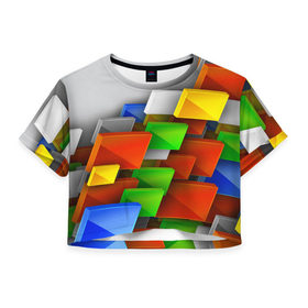 Женская футболка 3D укороченная с принтом Абстрактные фигуры в Курске, 100% полиэстер | круглая горловина, длина футболки до линии талии, рукава с отворотами | грань | краски | кубик | кубики | линии | мозаика | разноцветные кубы | ребро | текстура | тени | узор