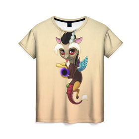Женская футболка 3D с принтом Дискорд в Курске, 100% полиэфир ( синтетическое хлопкоподобное полотно) | прямой крой, круглый вырез горловины, длина до линии бедер | chaos | chibi | discord | draconequus | dragon | mlp | pony | дискорд | дракон | драконикус | пони | хаос | чиби