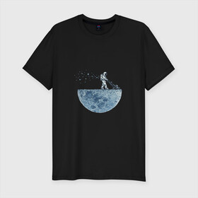 Мужская футболка премиум с принтом Стрижет луну в Курске, 92% хлопок, 8% лайкра | приталенный силуэт, круглый вырез ворота, длина до линии бедра, короткий рукав | газонокосилка | звезды | космонавт | космос | луна | луны | поверхность | пузыри | рисунок | скафандр | фантастика