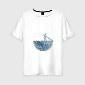 Женская футболка хлопок Oversize с принтом Стрижет луну в Курске, 100% хлопок | свободный крой, круглый ворот, спущенный рукав, длина до линии бедер
 | газонокосилка | звезды | космонавт | космос | луна | луны | поверхность | пузыри | рисунок | скафандр | фантастика