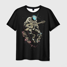 Мужская футболка 3D с принтом Космонавт с гитарой в Курске, 100% полиэфир | прямой крой, круглый вырез горловины, длина до линии бедер | гитара | звезды | земля | космонавт | космос | рок | сфера