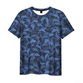 Мужская футболка 3D с принтом Камуфляж с дельфинами в Курске, 100% полиэфир | прямой крой, круглый вырез горловины, длина до линии бедер | вода | дельфин | дельфины | милитари | море | океан | паттерн | синий | текстура | черное