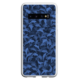 Чехол для Samsung Galaxy S10 с принтом Камуфляж с дельфинами в Курске, Силикон | Область печати: задняя сторона чехла, без боковых панелей | Тематика изображения на принте: вода | дельфин | дельфины | милитари | море | океан | паттерн | синий | текстура | черное