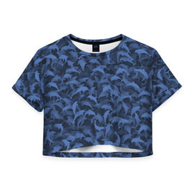 Женская футболка 3D укороченная с принтом Камуфляж с дельфинами в Курске, 100% полиэстер | круглая горловина, длина футболки до линии талии, рукава с отворотами | вода | дельфин | дельфины | милитари | море | океан | паттерн | синий | текстура | черное