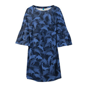 Детское платье 3D с принтом Камуфляж с дельфинами в Курске, 100% полиэстер | прямой силуэт, чуть расширенный к низу. Круглая горловина, на рукавах — воланы | Тематика изображения на принте: вода | дельфин | дельфины | милитари | море | океан | паттерн | синий | текстура | черное