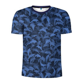 Мужская футболка 3D спортивная с принтом Камуфляж с дельфинами в Курске, 100% полиэстер с улучшенными характеристиками | приталенный силуэт, круглая горловина, широкие плечи, сужается к линии бедра | вода | дельфин | дельфины | милитари | море | океан | паттерн | синий | текстура | черное
