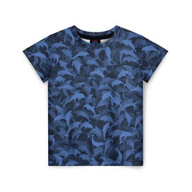 Детская футболка 3D с принтом Камуфляж с дельфинами в Курске, 100% гипоаллергенный полиэфир | прямой крой, круглый вырез горловины, длина до линии бедер, чуть спущенное плечо, ткань немного тянется | Тематика изображения на принте: вода | дельфин | дельфины | милитари | море | океан | паттерн | синий | текстура | черное