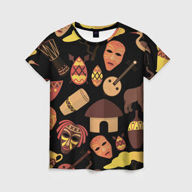Женская футболка 3D с принтом Бужумбура в Курске, 100% полиэфир ( синтетическое хлопкоподобное полотно) | прямой крой, круглый вырез горловины, длина до линии бедер | африка | барабан | маска | слон | черный
