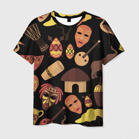Мужская футболка 3D с принтом Бужумбура в Курске, 100% полиэфир | прямой крой, круглый вырез горловины, длина до линии бедер | африка | барабан | маска | слон | черный
