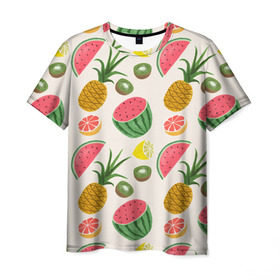 Мужская футболка 3D с принтом Тропический рай в Курске, 100% полиэфир | прямой крой, круглый вырез горловины, длина до линии бедер | Тематика изображения на принте: ананас | арбуз | киви | лимон | манго | паттерн | тропики | фрукты