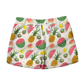 Женские шорты 3D с принтом Тропический рай в Курске, 100% полиэстер | прямой крой, два кармана без застежек по бокам. Мягкая трикотажная резинка на поясе, внутри которой широкие завязки. Длина до середины бедра | ананас | арбуз | киви | лимон | манго | паттерн | тропики | фрукты