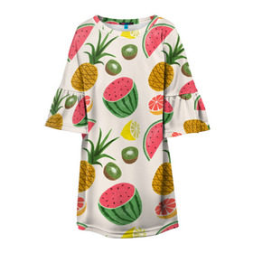 Детское платье 3D с принтом Тропический рай в Курске, 100% полиэстер | прямой силуэт, чуть расширенный к низу. Круглая горловина, на рукавах — воланы | Тематика изображения на принте: ананас | арбуз | киви | лимон | манго | паттерн | тропики | фрукты