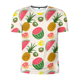 Мужская футболка 3D спортивная с принтом Тропический рай в Курске, 100% полиэстер с улучшенными характеристиками | приталенный силуэт, круглая горловина, широкие плечи, сужается к линии бедра | Тематика изображения на принте: ананас | арбуз | киви | лимон | манго | паттерн | тропики | фрукты