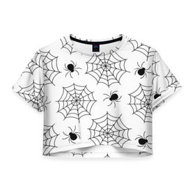 Женская футболка 3D укороченная с принтом Паутинка в Курске, 100% полиэстер | круглая горловина, длина футболки до линии талии, рукава с отворотами | белый | паук | паутина | узор | хэллоуин | черный