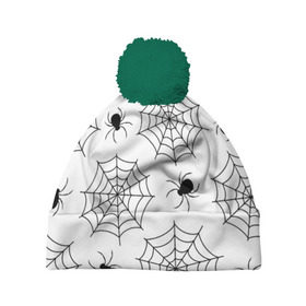 Шапка 3D c помпоном с принтом Паутинка в Курске, 100% полиэстер | универсальный размер, печать по всей поверхности изделия | белый | паук | паутина | узор | хэллоуин | черный