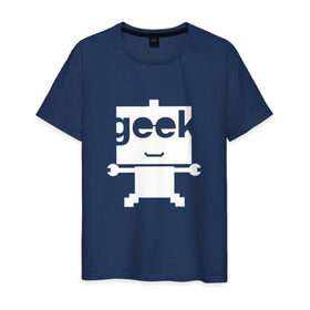 Мужская футболка хлопок с принтом Робот geek (компьютерщик) в Курске, 100% хлопок | прямой крой, круглый вырез горловины, длина до линии бедер, слегка спущенное плечо. | Тематика изображения на принте: админ | программист | работа | улыбка | фанат | хакер