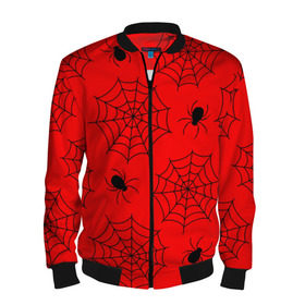 Мужской бомбер 3D с принтом Happy Halloween в Курске, 100% полиэстер | застегивается на молнию, по бокам два кармана без застежек, по низу бомбера и на воротнике - эластичная резинка | Тематика изображения на принте: белый | паук | паутина | узор | хэллоуин | черный